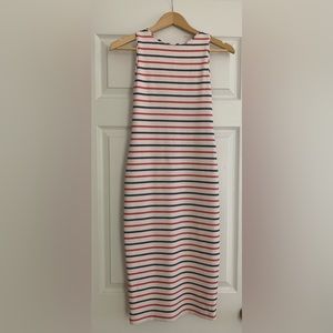 Zara Low Back Red, White, and Blue Striped Midi Dress